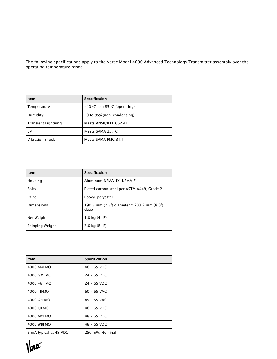 Specifications, Specifications and physical characteristics, 1 environmental | 2 physical, 3 input power, 5 specifications | Varec 4000 User Manual | Page 41 / 78