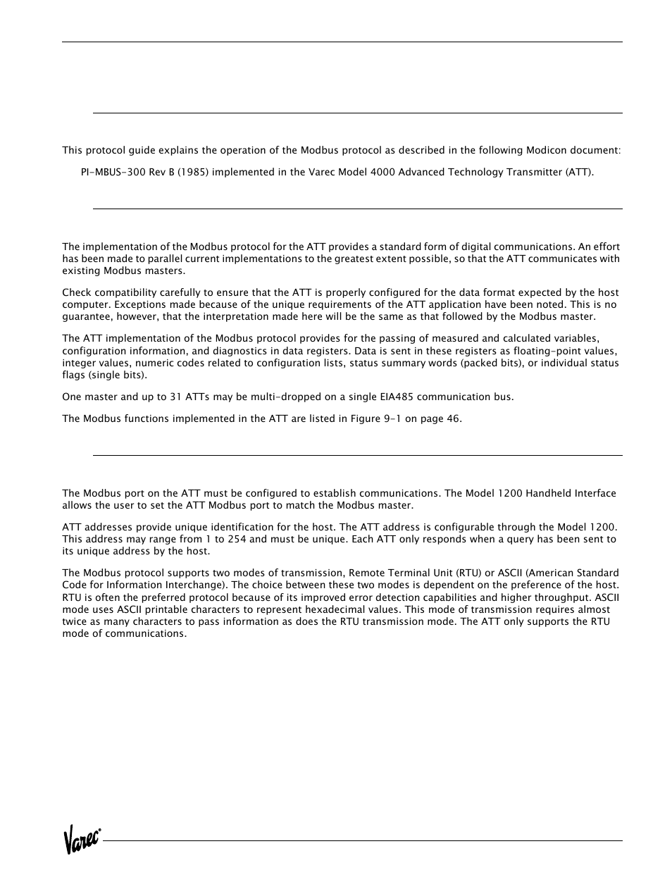 Modbus implementation, Introduction, Implementation | Configuration, 9 modbus implementation | Varec 4000 User Manual | Page 55 / 78