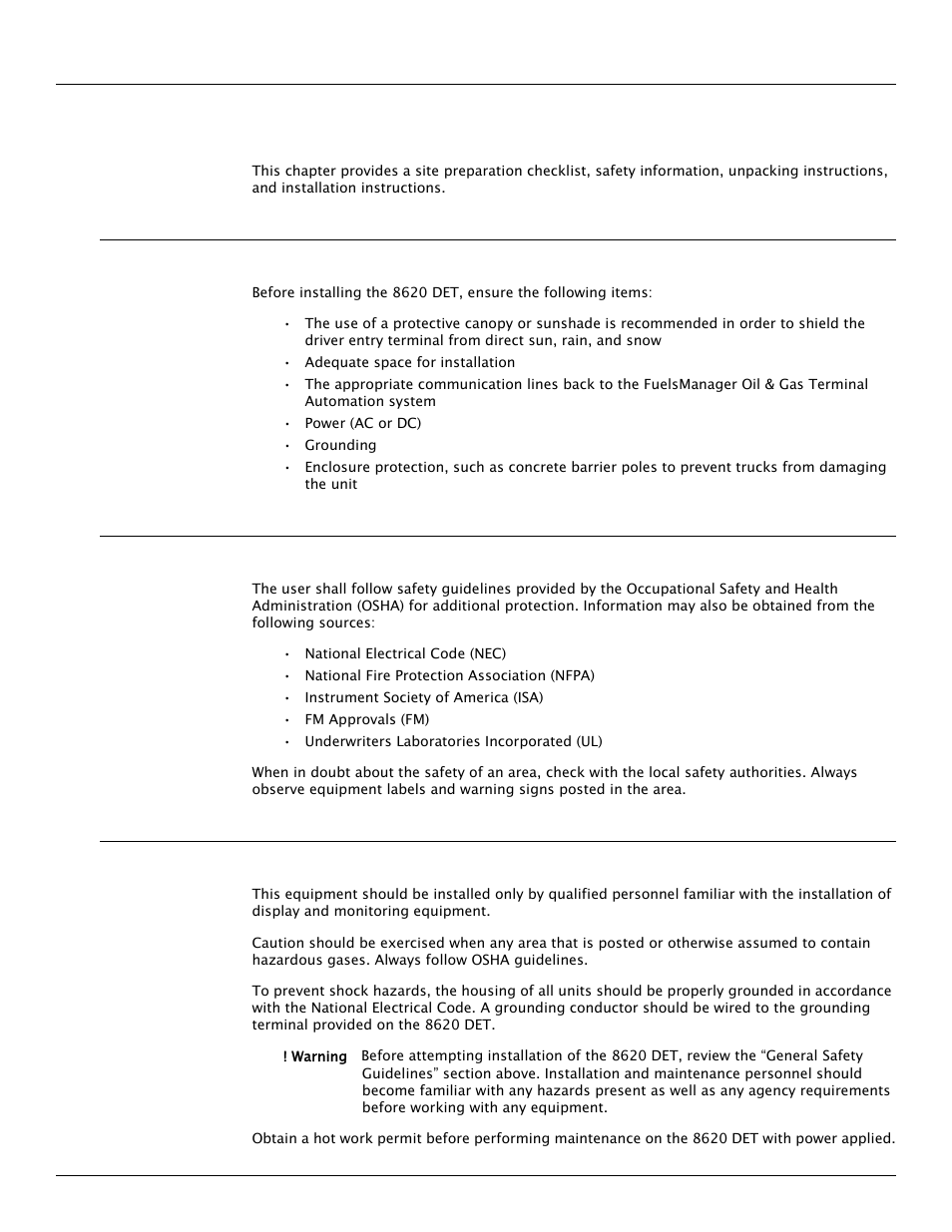 2 preparing for installation, 1 site preparation checklist, 2 general safety guidelines | 3 installation safety guidelines, Preparing for installation | Varec Driver Entry Terminal 8620 User Manual | Page 13 / 40