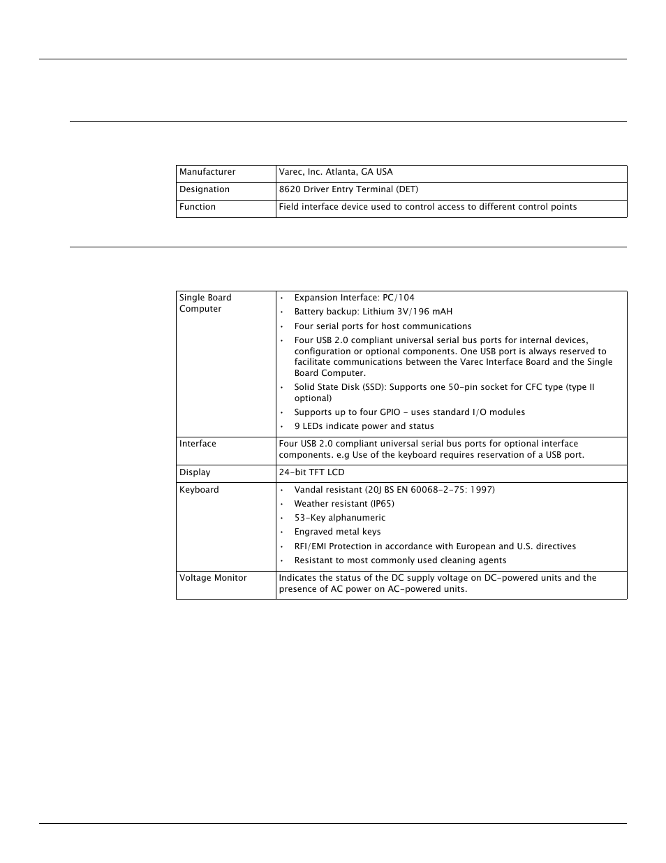 6 specifications, 1 general, 2 system components | Specifications | Varec Driver Entry Terminal 8620 User Manual | Page 33 / 40