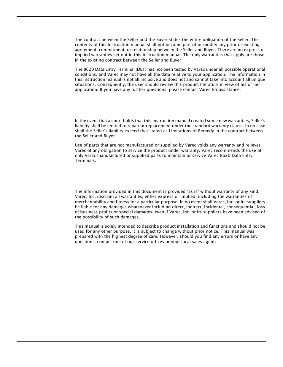 Disclaimer of warranties, Limitations of seller's liability, Terms of use | Varec Driver Entry Terminal 8620 User Manual | Page 4 / 40