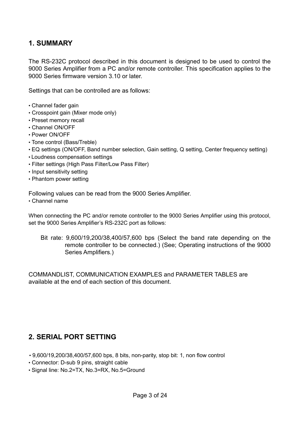 Summary, Serial port setting | Vax RS 232C User Manual | Page 3 / 24