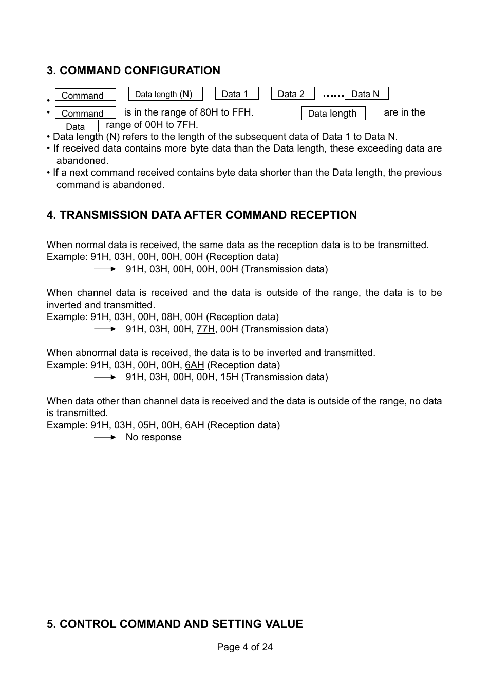 Command configuration, Transmission data after command reception, Control command and setting value | Vax RS 232C User Manual | Page 4 / 24