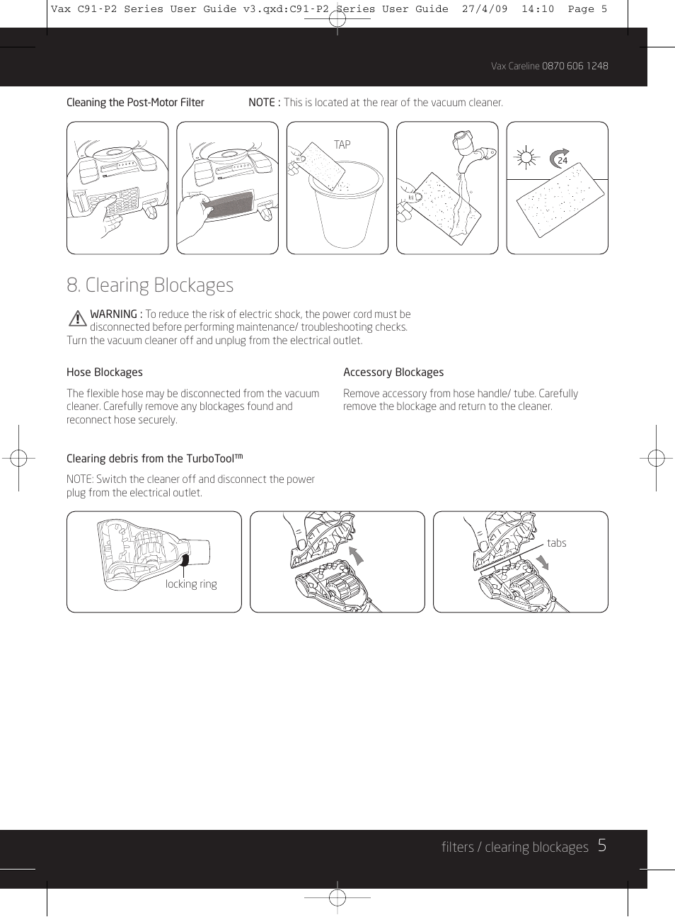 Clearing blockages | Vax C91-P2 User Manual | Page 5 / 12