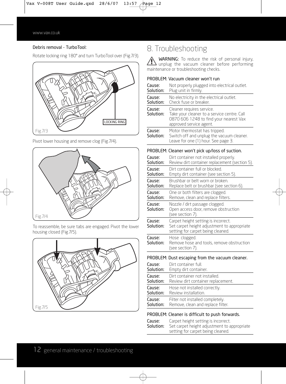 Troubleshooting, General maintenance / troubleshooting | Vax V-008T User Manual | Page 12 / 16