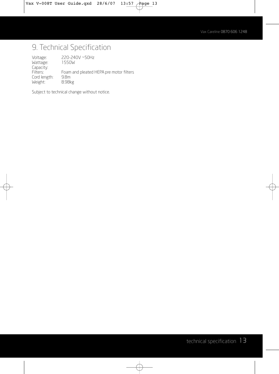Technical specification | Vax V-008T User Manual | Page 13 / 16