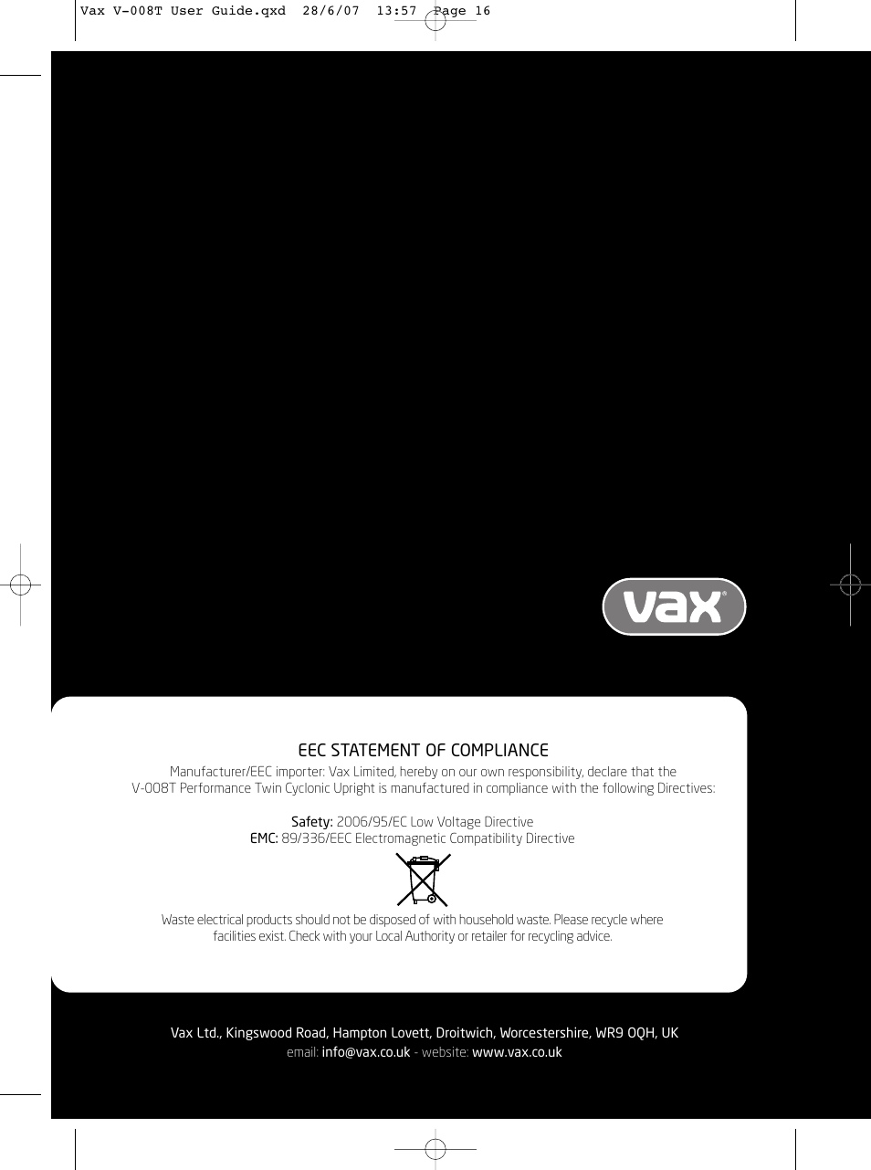 Eec statement of compliance | Vax V-008T User Manual | Page 16 / 16