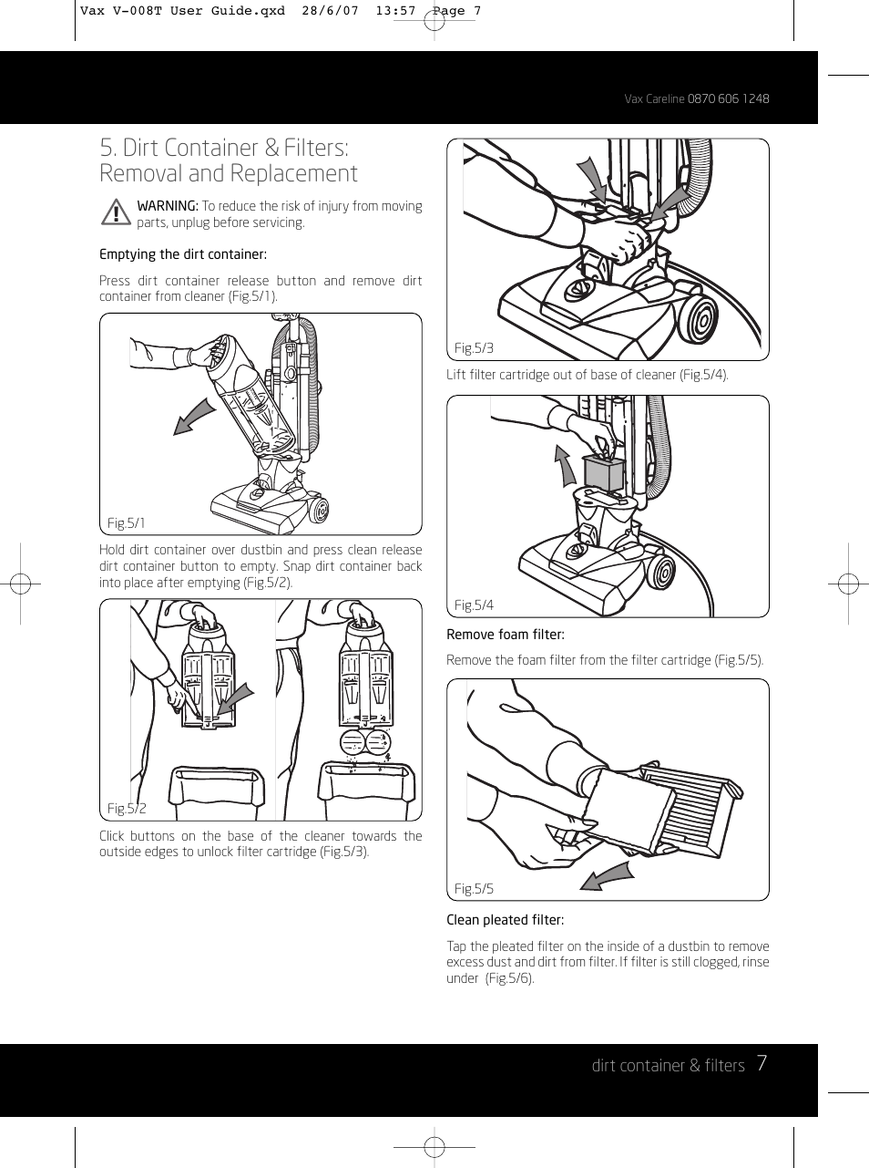 Dirt container & filters: removal and replacement | Vax V-008T User Manual | Page 7 / 16