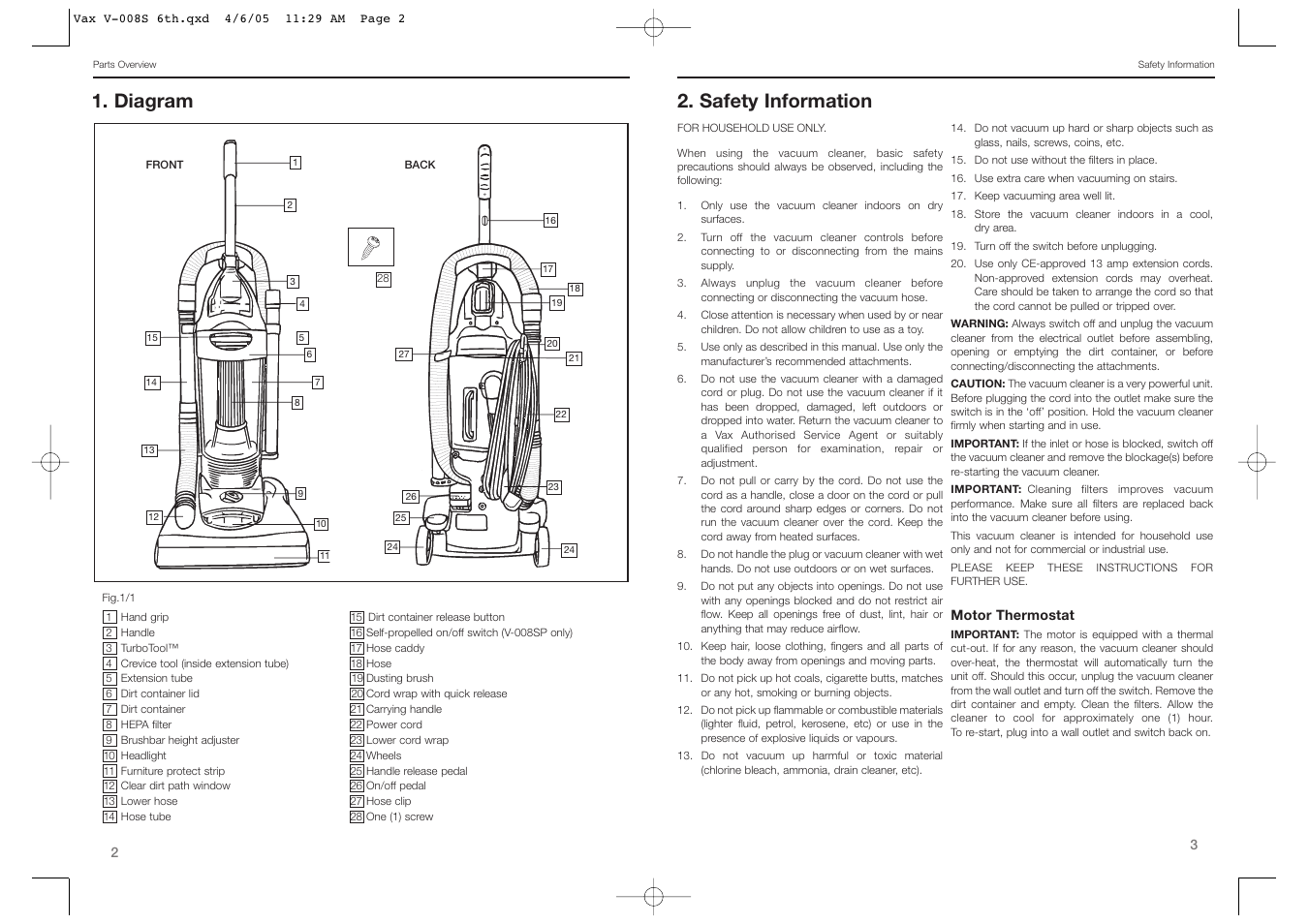 Diagram, Safety information | Vax V-008 User Manual | Page 2 / 9