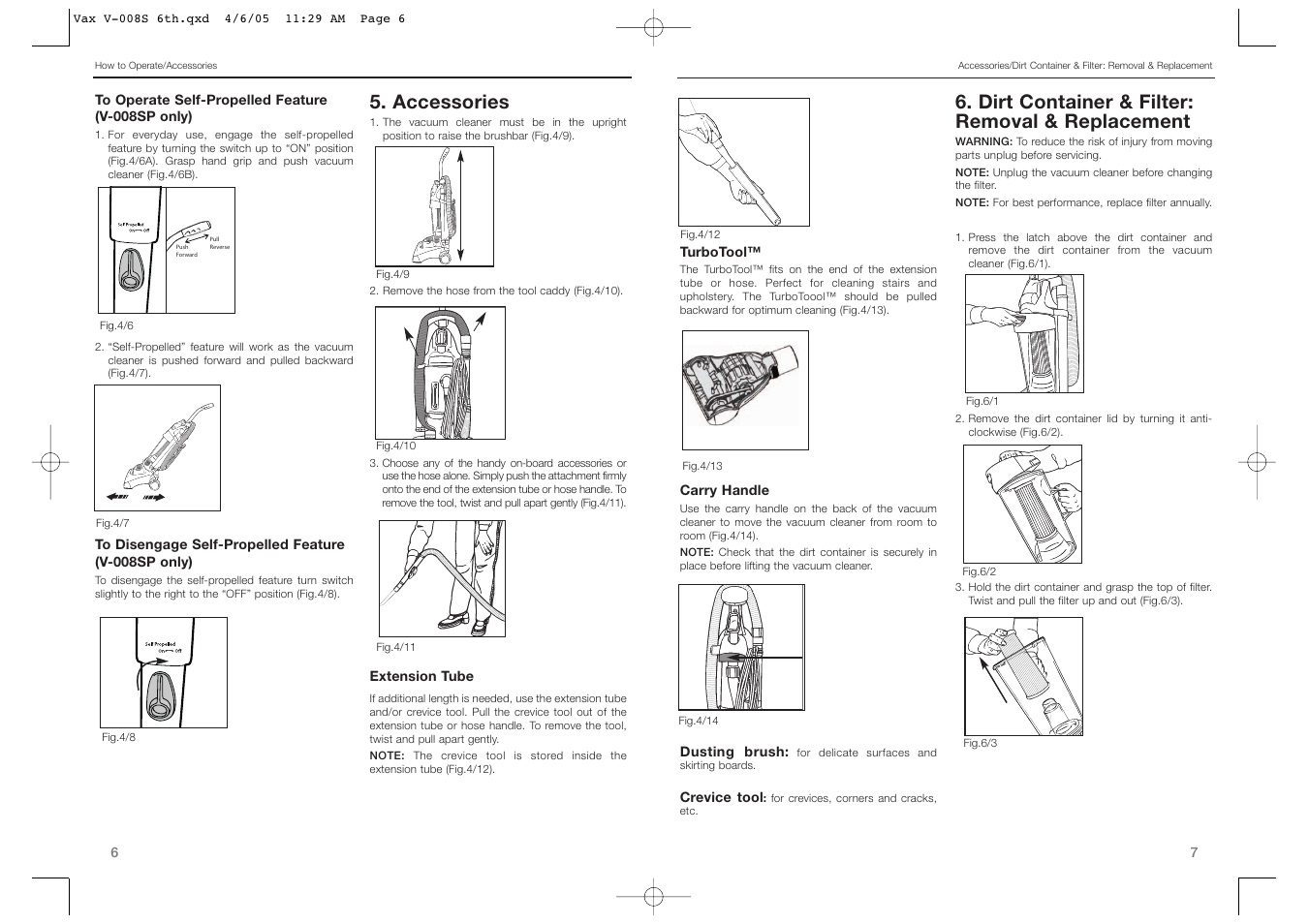 Dirt container & filter: removal & replacement, Accessories | Vax V-008 User Manual | Page 4 / 9