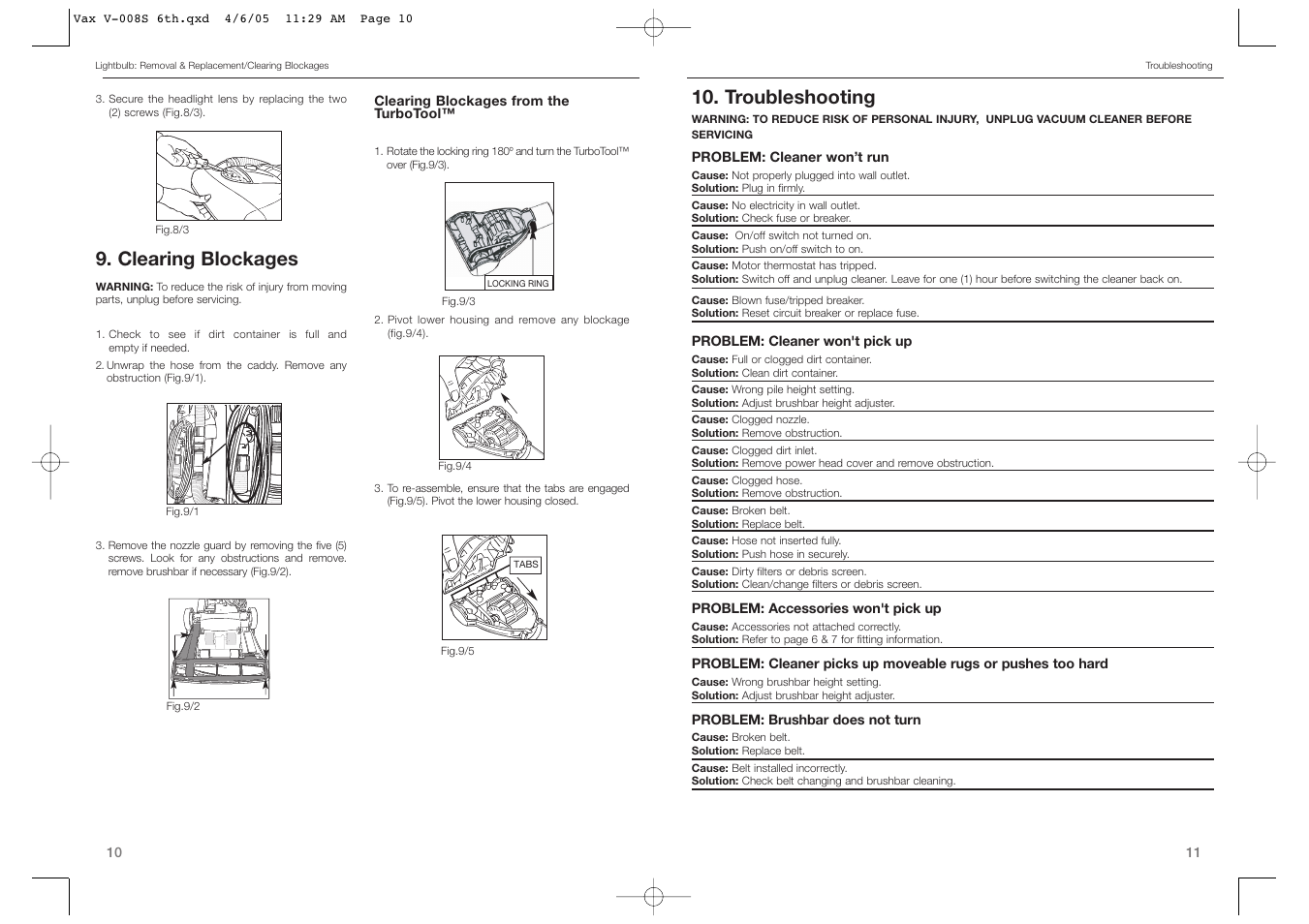 Clearing blockages, Troubleshooting | Vax V-008 User Manual | Page 6 / 9