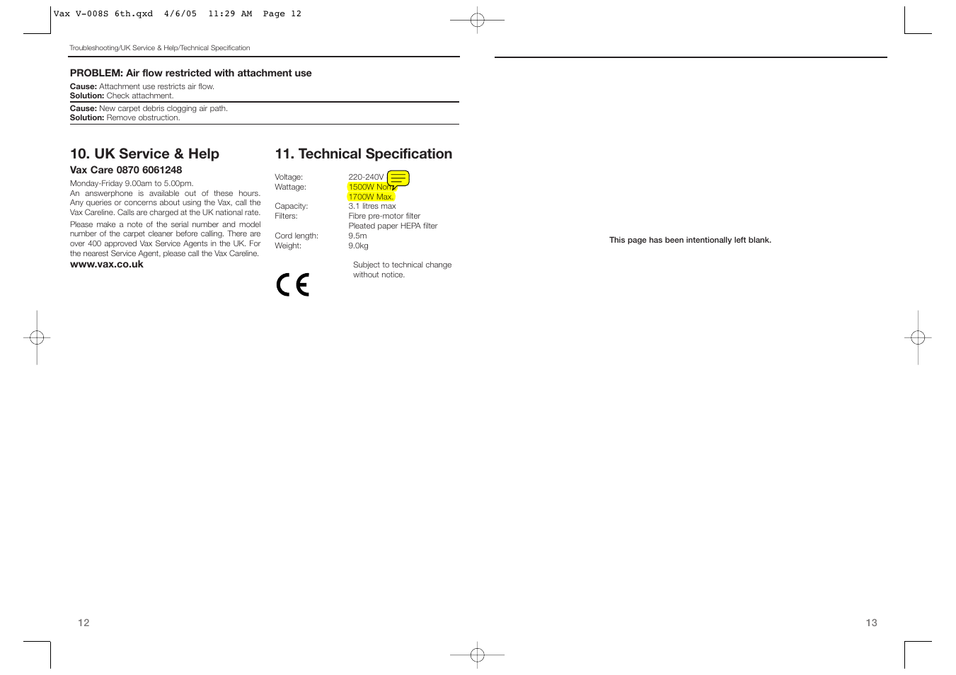 Technical specification, Uk service & help | Vax V-008 User Manual | Page 7 / 9