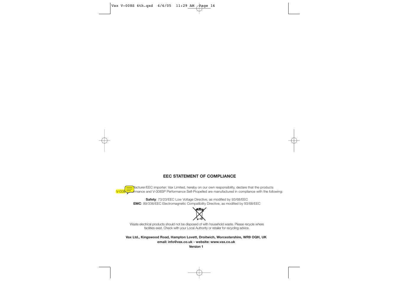Vax V-008 User Manual | Page 9 / 9