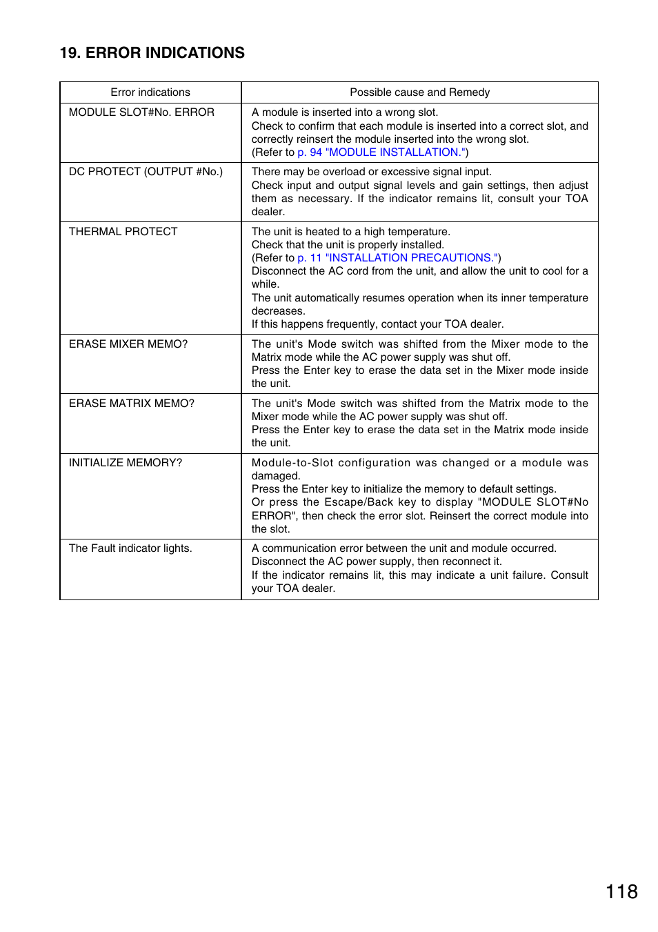 Error indications, Refer to, P. 118 "error indications | Vax M-9000 User Manual | Page 118 / 138