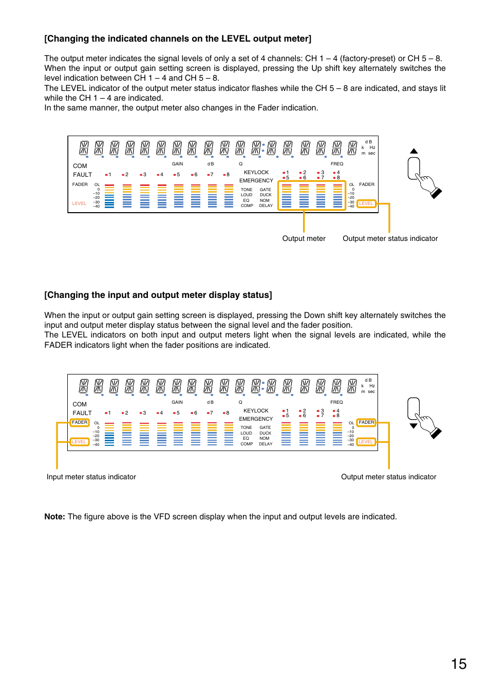 Changing the input and output meter display status, Output meter output meter status indicator | Vax M-9000 User Manual | Page 15 / 138