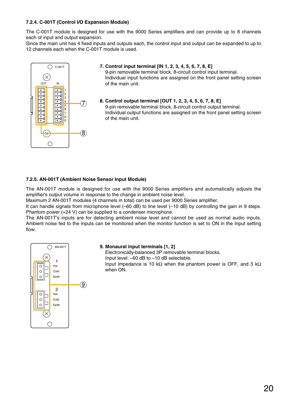 C-001t (control i/o expansion module), An-001t (ambient noise sensor input module) | Vax M-9000 User Manual | Page 20 / 138