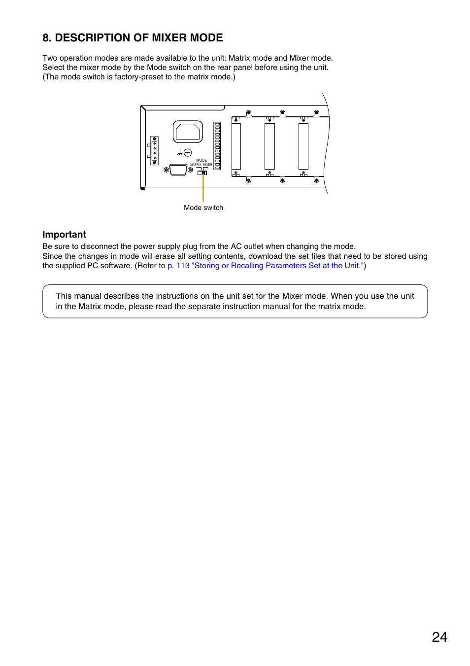 Description of mixer mode, Important | Vax M-9000 User Manual | Page 24 / 138