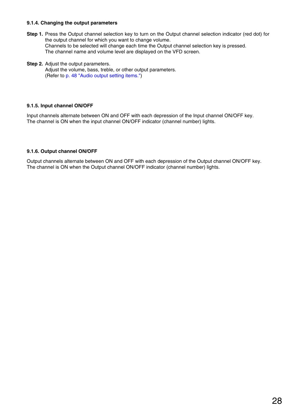 Changing the output parameters, Input channel on/off, Output channel on/off | Vax M-9000 User Manual | Page 28 / 138