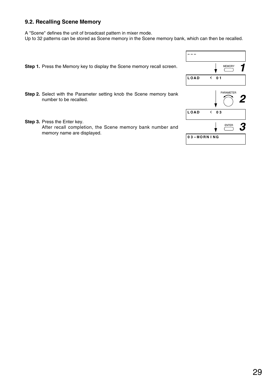 Recalling scene memory | Vax M-9000 User Manual | Page 29 / 138
