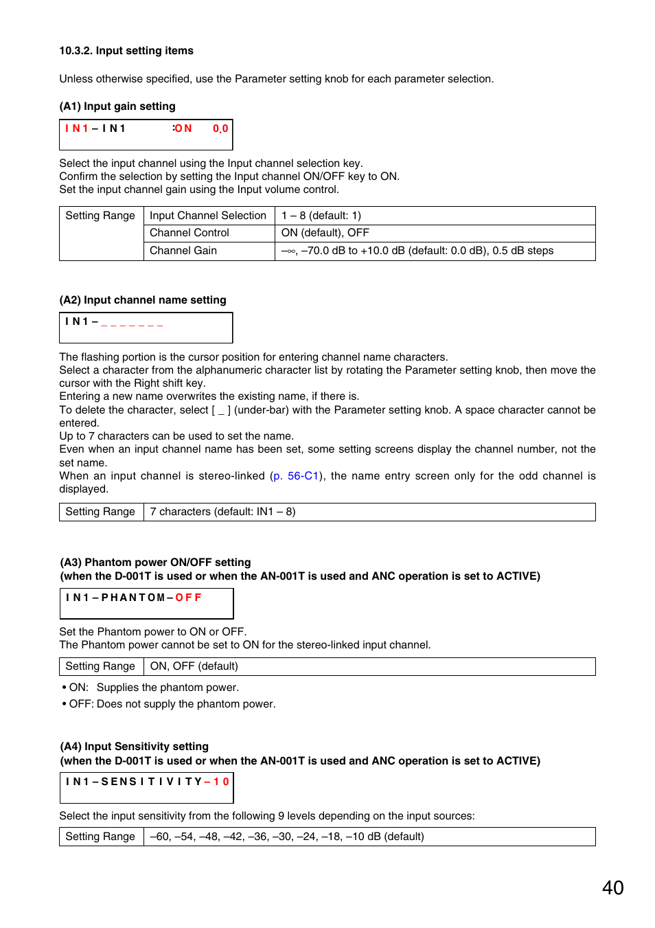 Input setting items, P. 40-a1), Input channel name setting | P. 40-a2), P. 40-a3), P. 40-a4), Input sensitivity setting | Vax M-9000 User Manual | Page 40 / 138