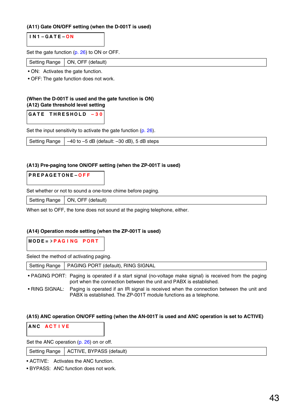 P. 43-a13), Operation mode setting, P. 43-a14) | P. 43-a11), Gate threshold level setting, P. 43-a12), P. 43-a15) | Vax M-9000 User Manual | Page 43 / 138