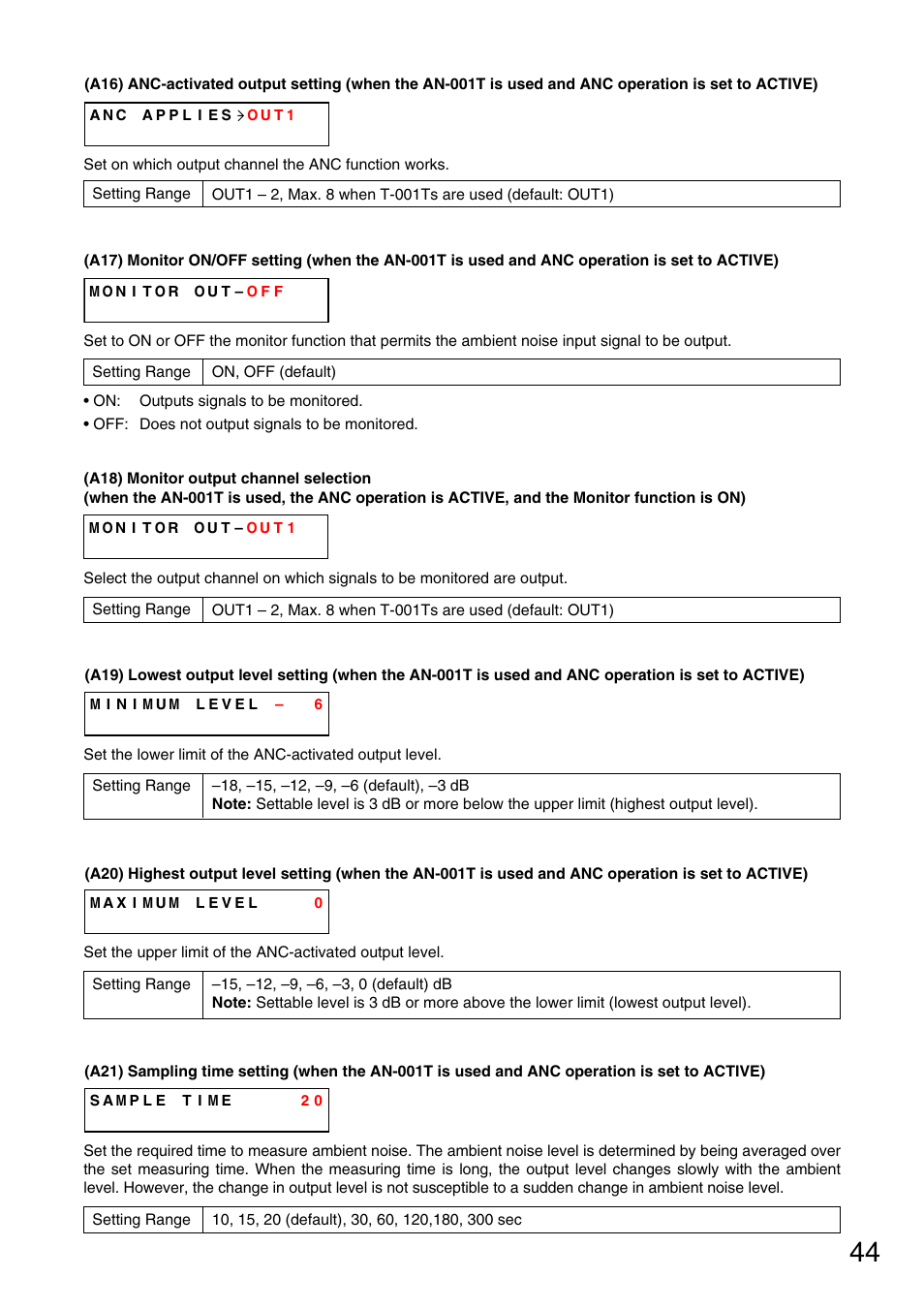 P. 44-a16), Monitor on/off setting, P. 44-a17) | P. 44-a18), Lowest output level setting, P. 44-a19), Sampling time setting, P. 44-a21), P. 44-a20) | Vax M-9000 User Manual | Page 44 / 138