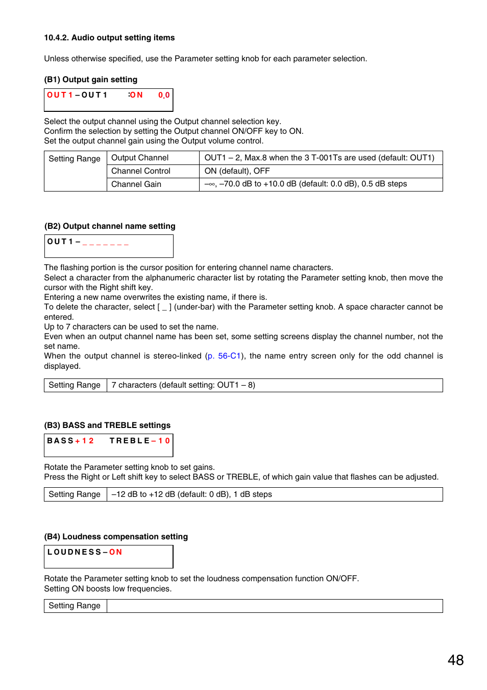 Audio output setting items, Output gain setting, P. 48-b1) | P. 48-b2), Bass and treble settings, P. 48-b3), P. 48-b4) | Vax M-9000 User Manual | Page 48 / 138