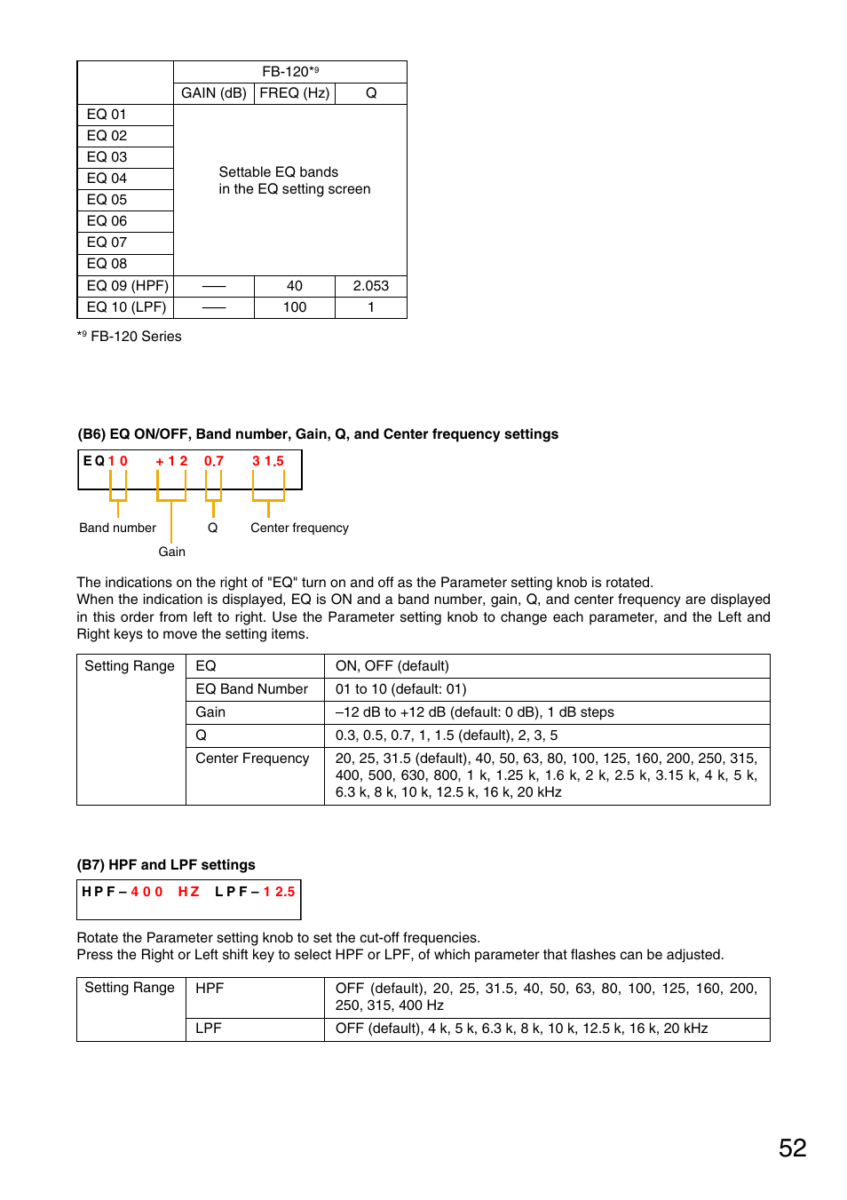 P. 52-b6), Hpf and lpf settings, P. 52-b7) | Vax M-9000 User Manual | Page 52 / 138