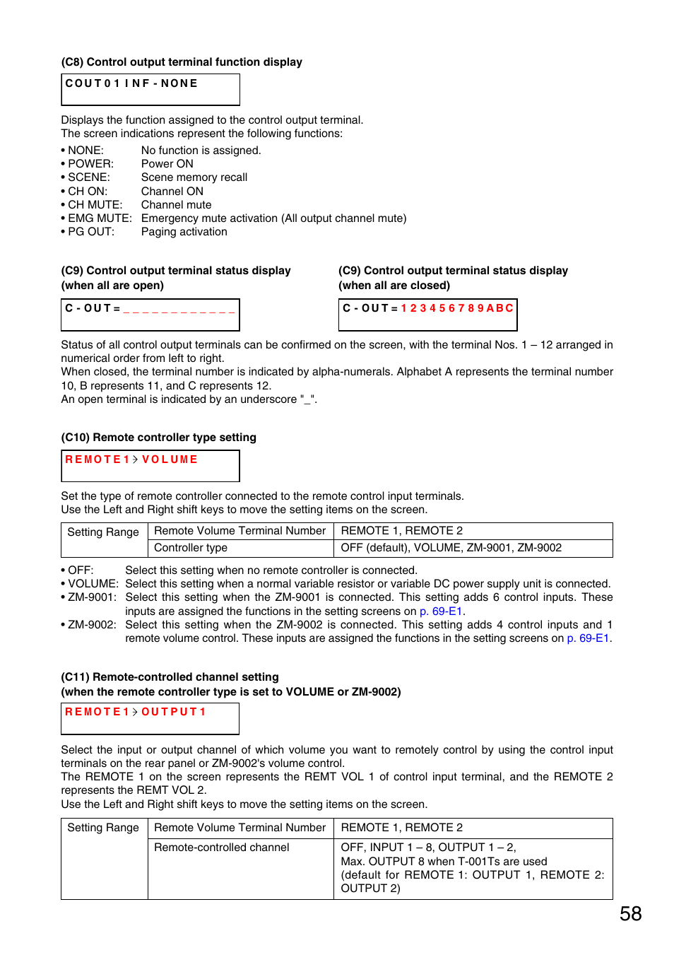 P. 58-c8), Display, P. 58-c9) | P. 58-c10), P. 58-c11), Selectable only when the remote controller type, P. 58-c10, Is set to zm-9001 or zm-9002 | Vax M-9000 User Manual | Page 58 / 138