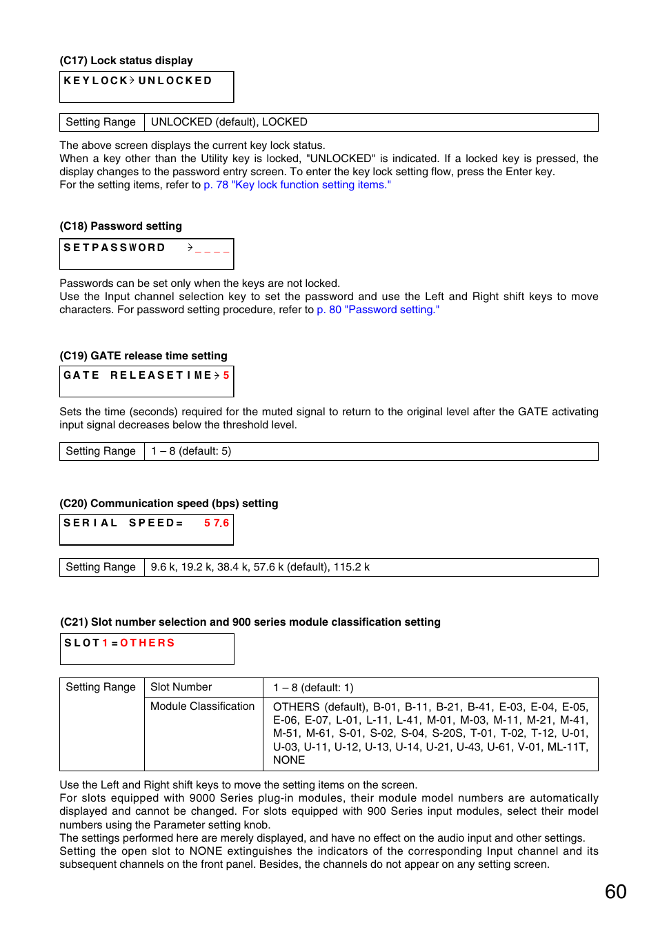Communication speed (bps) setting, P. 60-c20), Password setting | P. 60-c18), P. 60-c19), Lock status display, P. 60-c17), P. 60-c21) | Vax M-9000 User Manual | Page 60 / 138