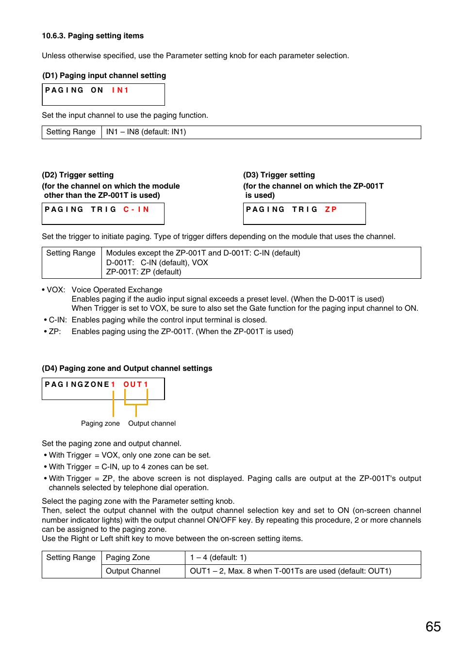 Paging setting items, P. 65-d1), P. 65-d2) | Output channel settings, P. 65-d4), P. 65-d3) | Vax M-9000 User Manual | Page 65 / 138