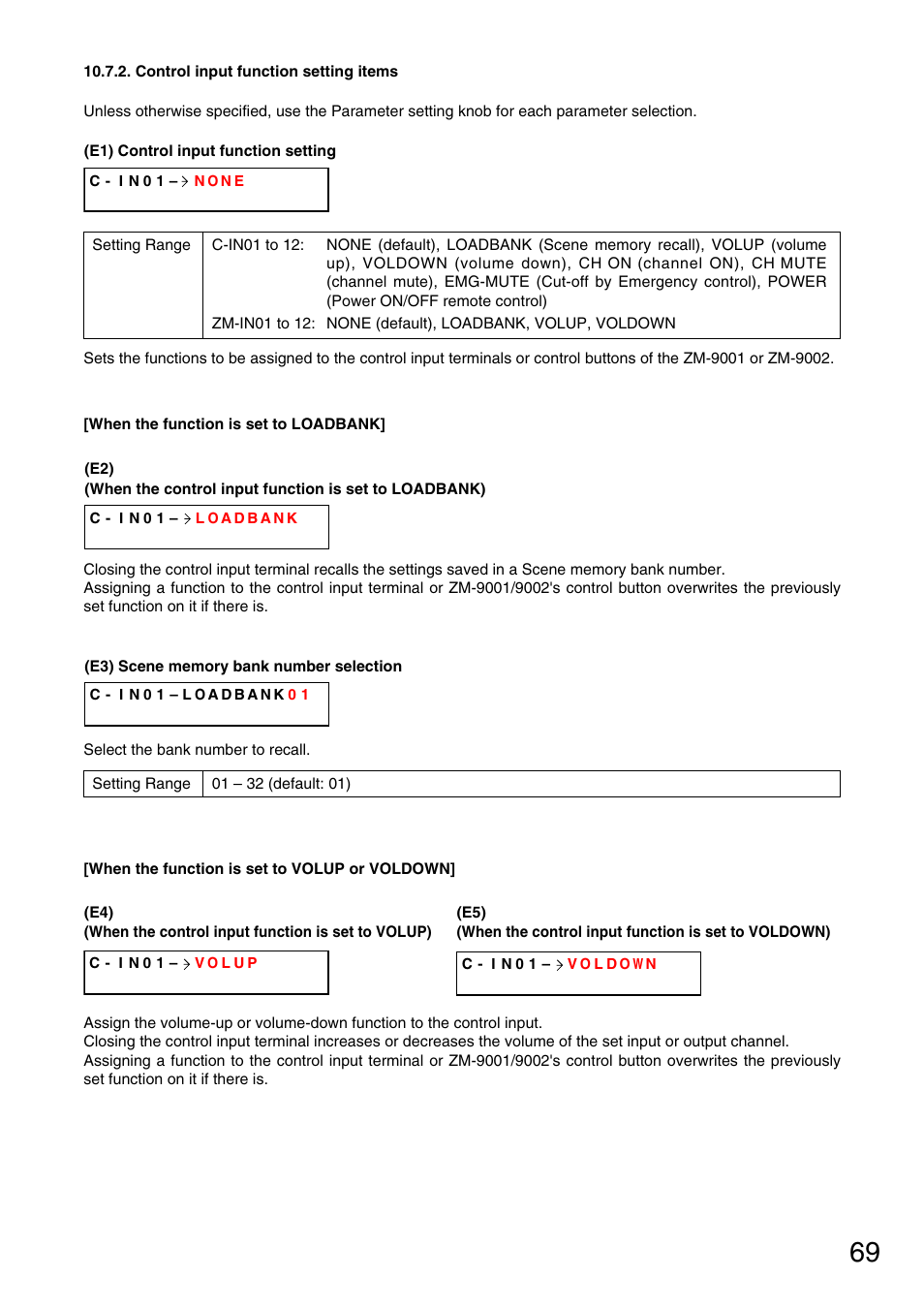 Control input function setting items, P. 69-e1, P. 69-e2) | P. 69-e4), P. 69-e5), Scene memory bank number selection, P. 69-e3), P. 69-e1) | Vax M-9000 User Manual | Page 69 / 138
