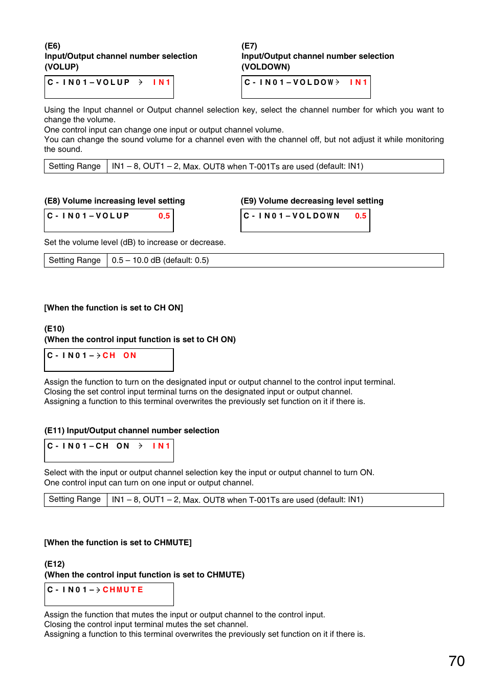 P. 70-e6), Volume increasing level setting, P. 70-e8) | Volume decreasing level setting, P. 70-e9), P. 70-e10), P. 70-e12), Input/output channel number selection, P. 70-e7), P. 70-e11) | Vax M-9000 User Manual | Page 70 / 138