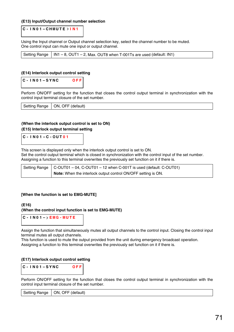 Input/output channel number selection, P. 71-e13), Is set to emg-mute) | P. 71-e16), P. 71-e14), P. 71-e17), P. 71-e15) | Vax M-9000 User Manual | Page 71 / 138