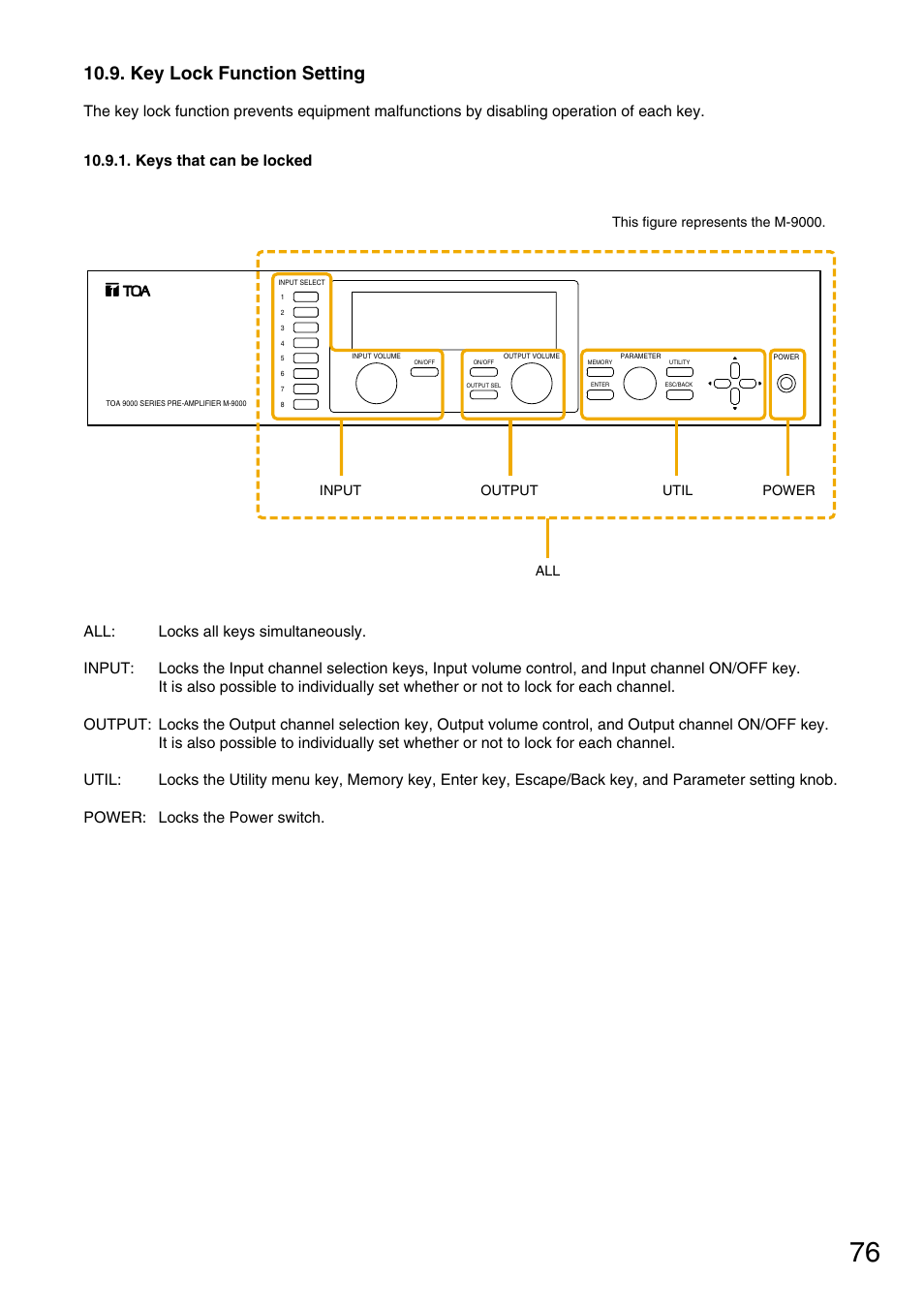 Key lock function setting, Keys that can be locked, P. 76 "key | Lock function setting | Vax M-9000 User Manual | Page 76 / 138