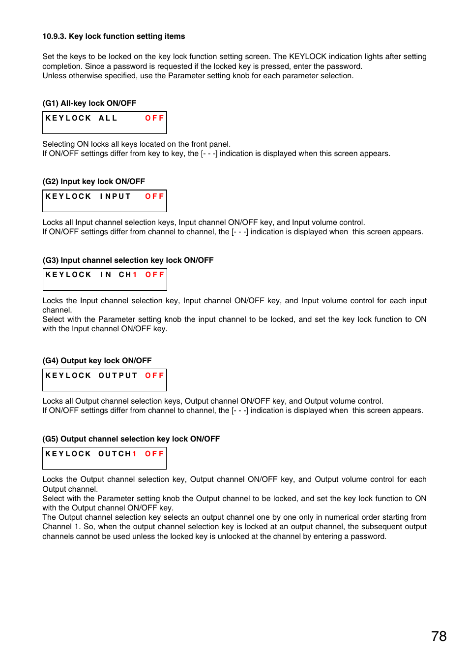 Key lock function setting items, P. 78-g1), P. 78-g2) | P. 78-g3), P. 78-g5), P. 78-g4 ) | Vax M-9000 User Manual | Page 78 / 138