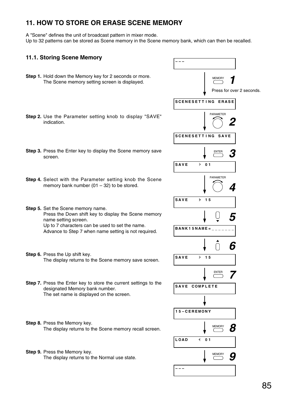 How to store or erase scene memory, Storing scene memory | Vax M-9000 User Manual | Page 85 / 138