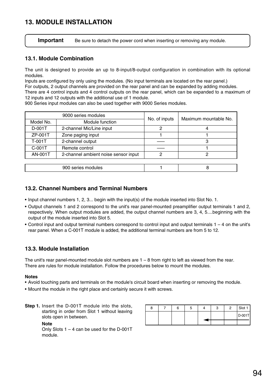 Module installation, Module combination, Channel numbers and terminal numbers | P. 94 "module installation | Vax M-9000 User Manual | Page 94 / 138