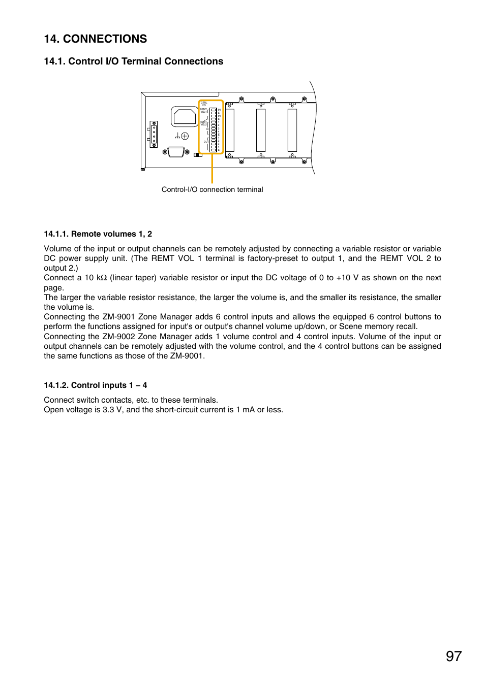 Connections, Control i/o terminal connections, Remote volumes 1, 2 | Control inputs 1 – 4, Control-i/o connection terminal | Vax M-9000 User Manual | Page 97 / 138