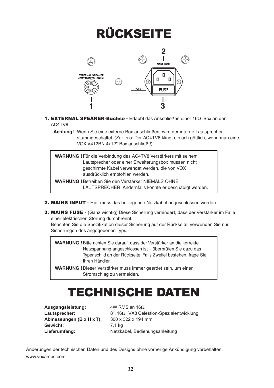 Rückseite, Technische daten | VOX Amplification USA AC4TV8 User Manual | Page 12 / 18