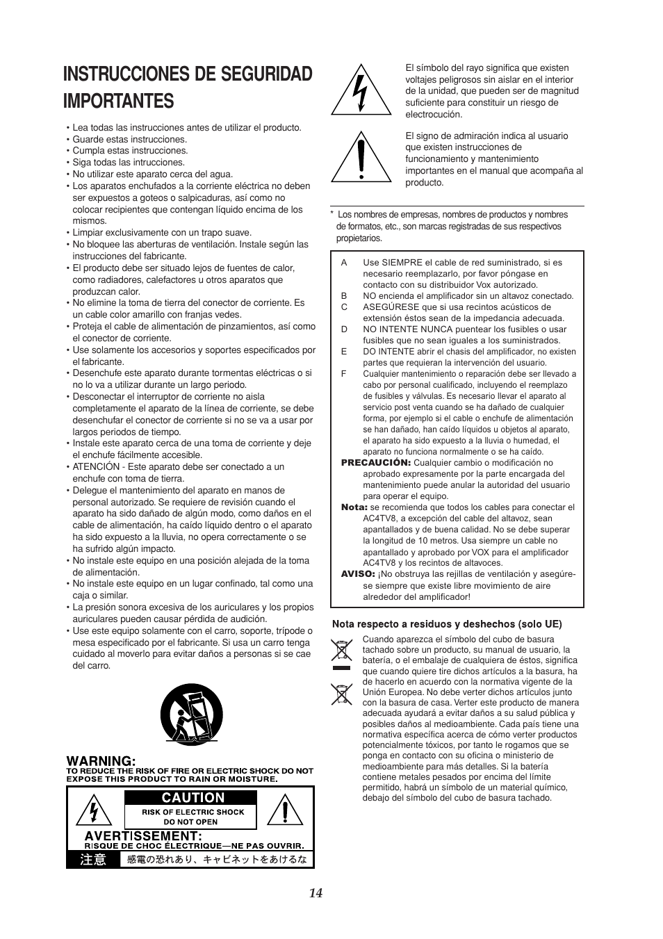 Español, Instrucciones de seguridad importantes | VOX Amplification USA AC4TV8 User Manual | Page 14 / 18