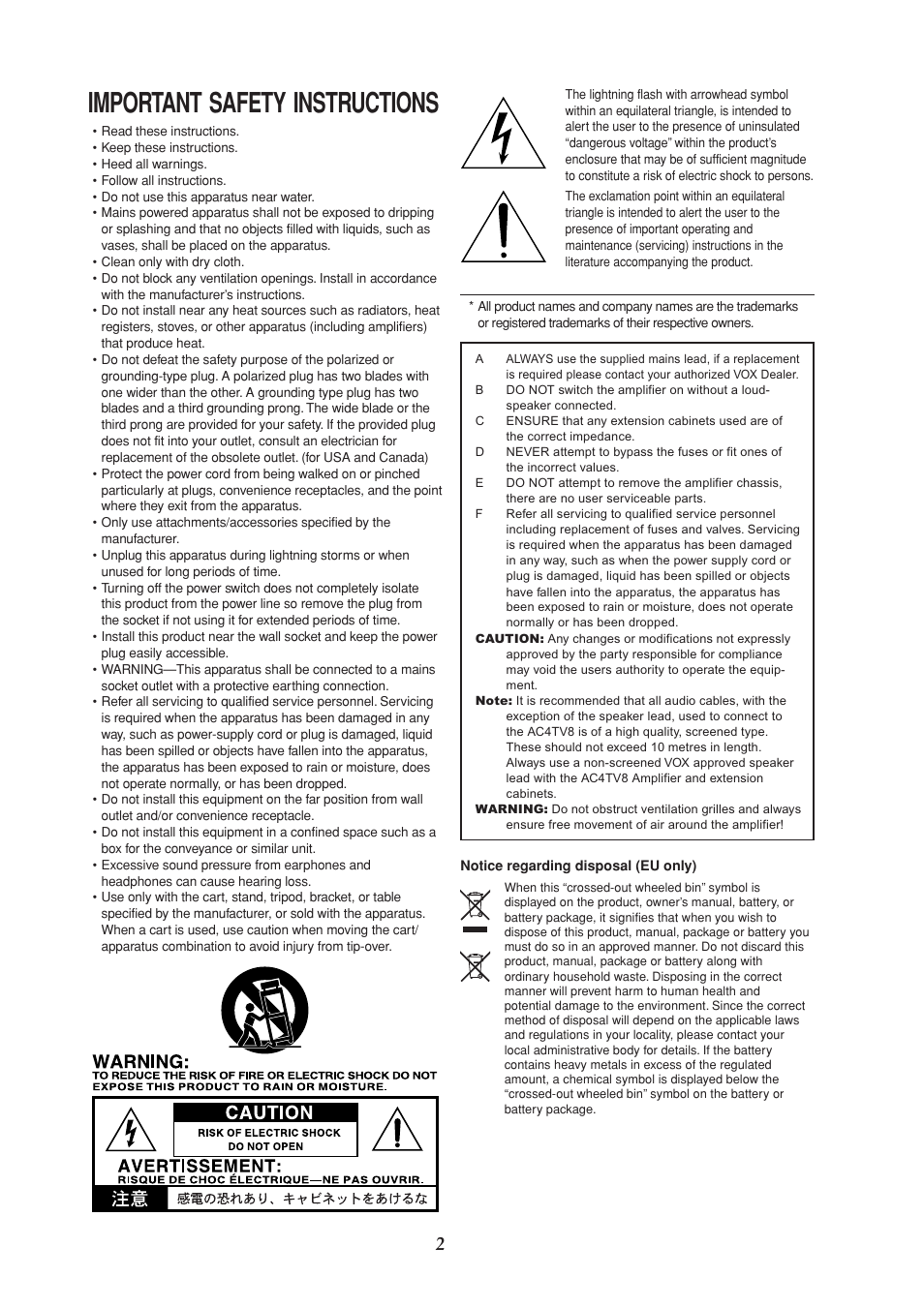 English, Important safety instructions | VOX Amplification USA AC4TV8 User Manual | Page 2 / 18
