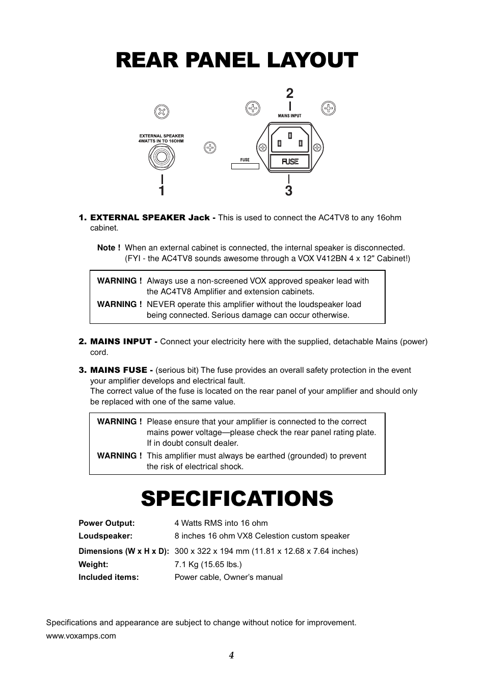 Rear panel layout, Specifications | VOX Amplification USA AC4TV8 User Manual | Page 4 / 18