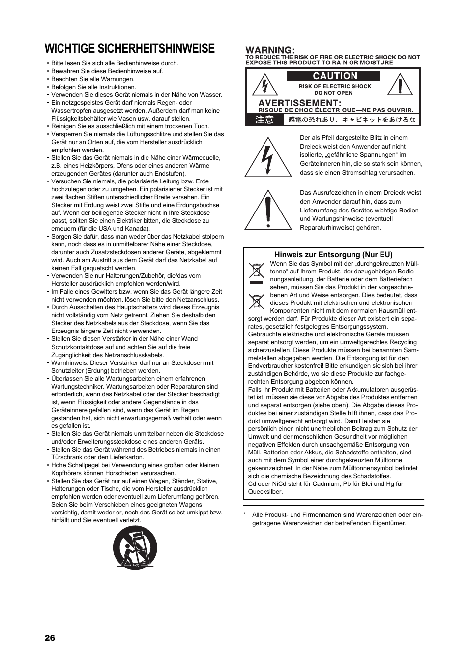 Deutsch, Español, Wichtige sicherheitshinweise | Hinweis zur entsorgung (nur eu) | VOX Amplification USA AC15C1 User Manual | Page 26 / 46