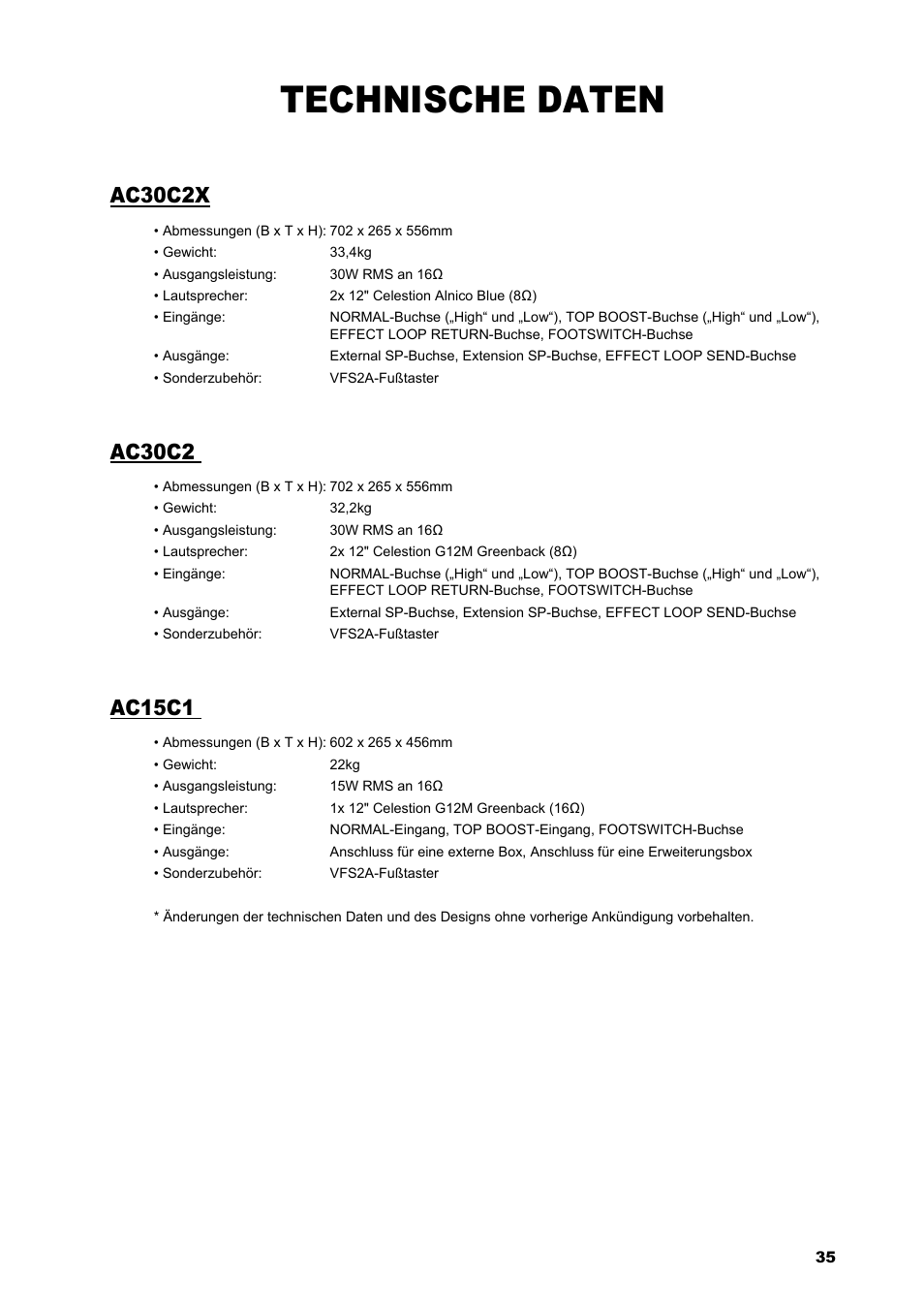 Technische daten, Ac30c2x, Ac30c2 | Ac15c1 | VOX Amplification USA AC15C1 User Manual | Page 35 / 46