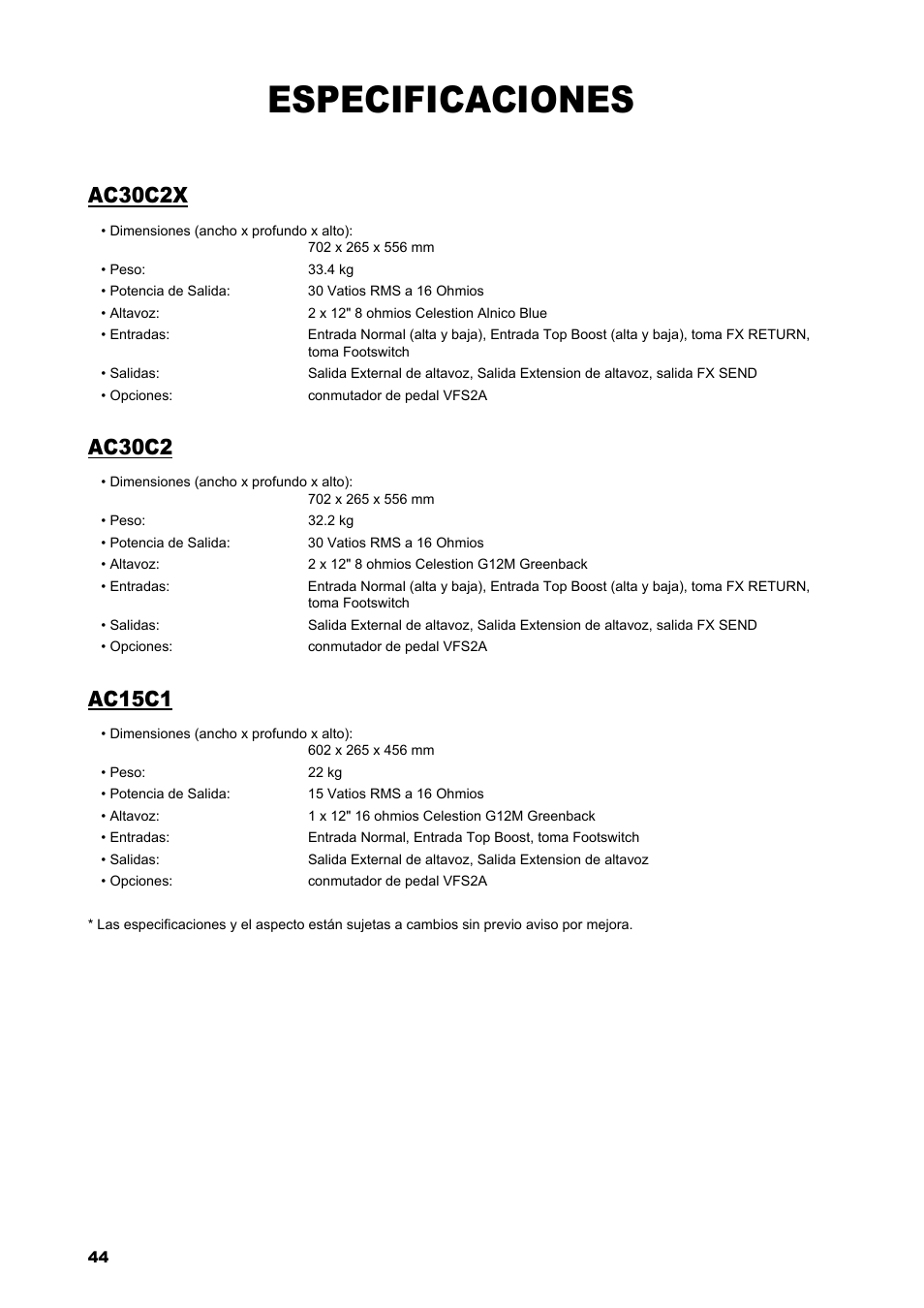 Especificaciones, Ac30c2x, Ac30c2 | Ac15c1 | VOX Amplification USA AC15C1 User Manual | Page 44 / 46