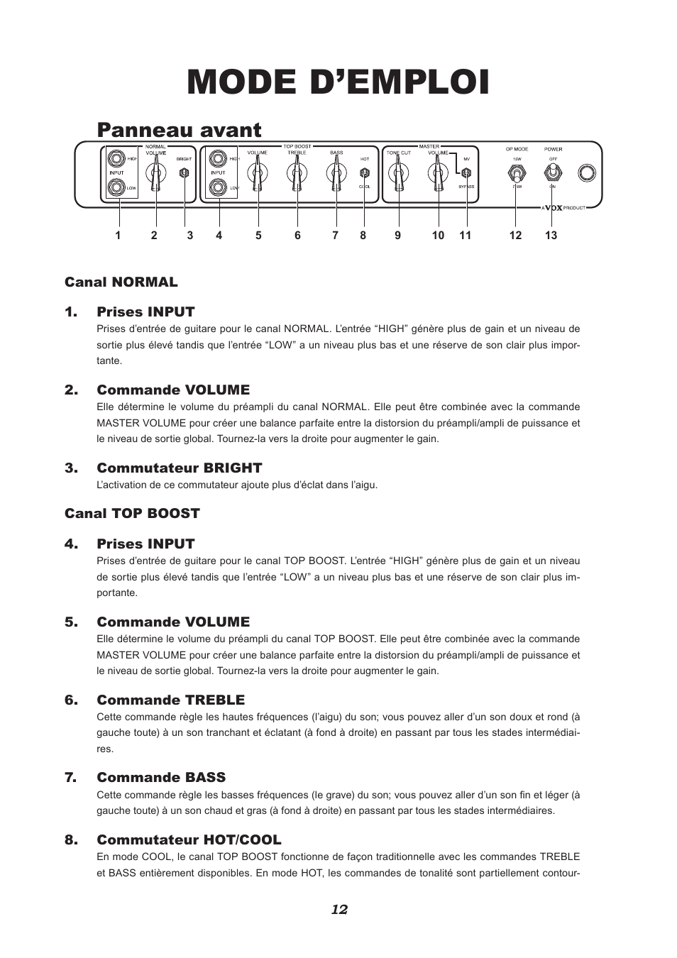 Mode d’emploi, Panneau avant | VOX Amplification USA V212HWX User Manual | Page 12 / 28