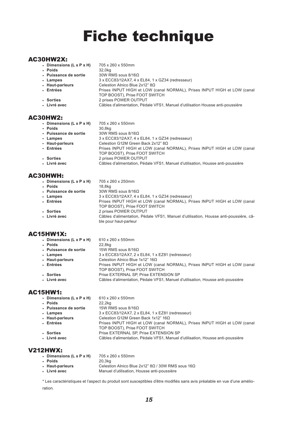 Fiche technique, Ac30hw2x, Ac30hw2 | Ac30hwh, Ac15hw1x, Ac15hw1, V212hwx | VOX Amplification USA V212HWX User Manual | Page 15 / 28