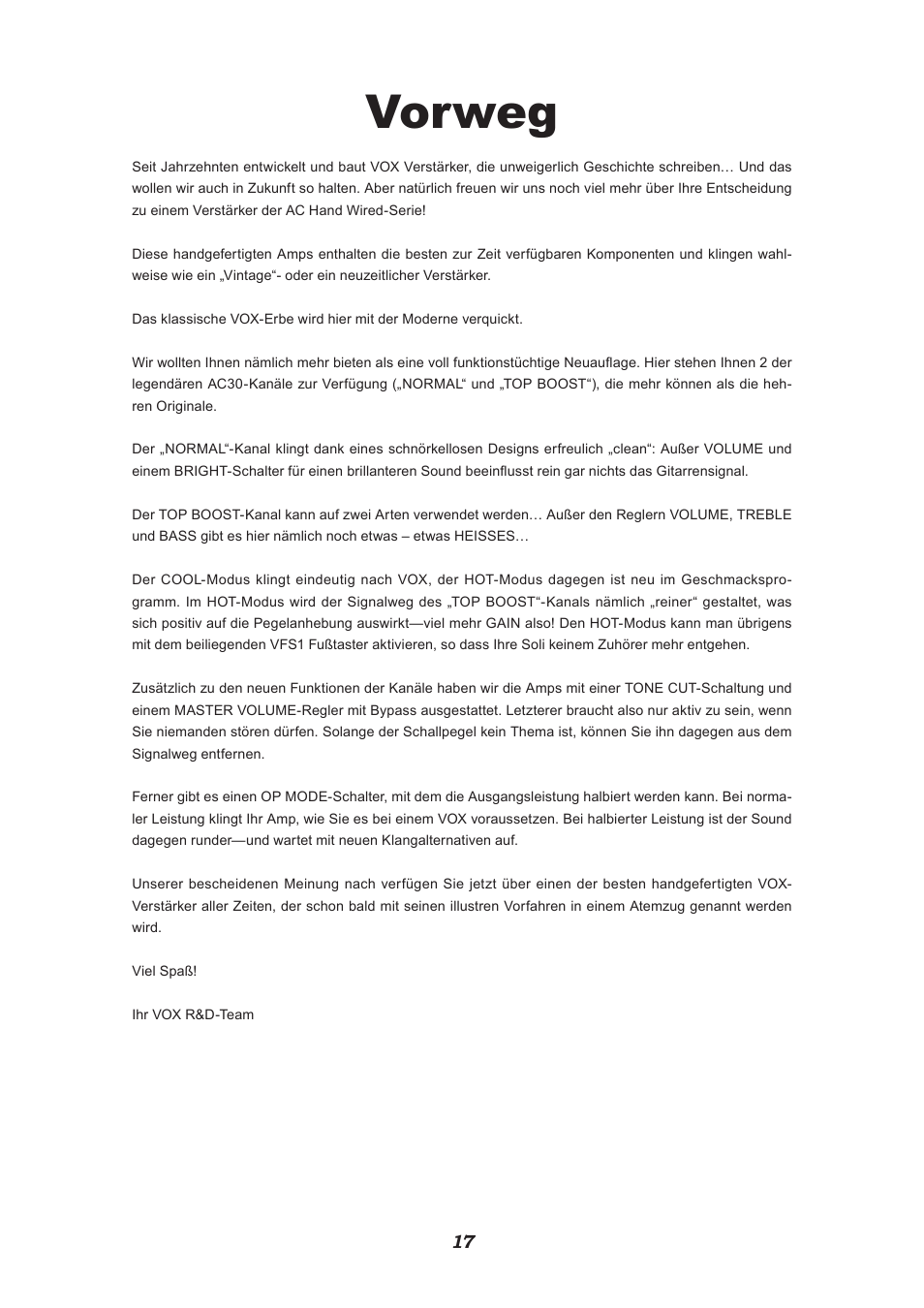 Vorweg | VOX Amplification USA V212HWX User Manual | Page 17 / 28
