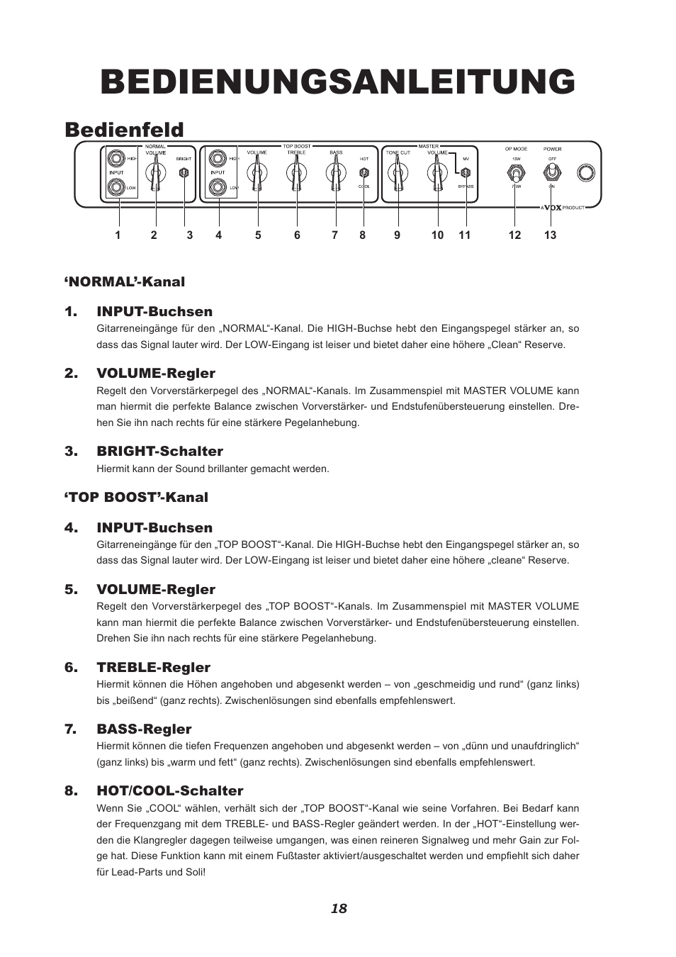 Bedienungsanleitung, Bedienfeld | VOX Amplification USA V212HWX User Manual | Page 18 / 28